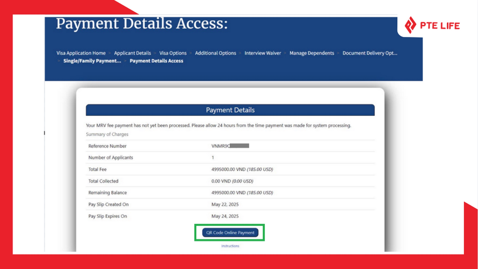 Giao diện thanh toán lệ phí phỏng vấn trực tuyến sau khi có mã xác nhận DS-160