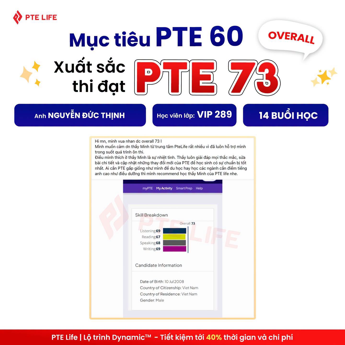Địa chỉ Học PTE ở Hà Nội Uy Tín - Cam kết Đầu Ra 7 Anh Nguyễn Đức Thịnh đạt PTE 73 sau 14 buổi học