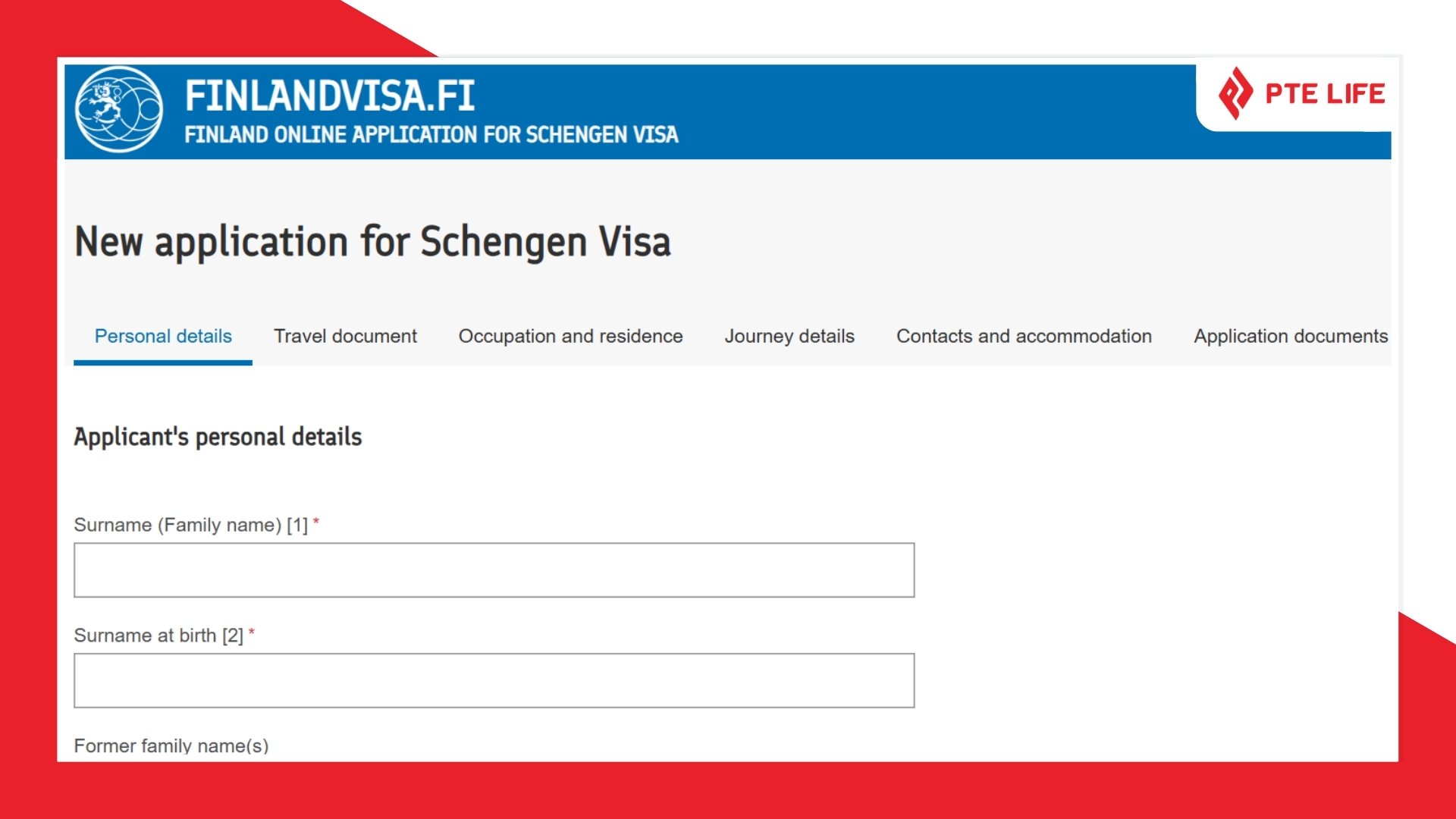 Giao diện điền đơn xin visa thăm thân Phần Lan trực tuyến