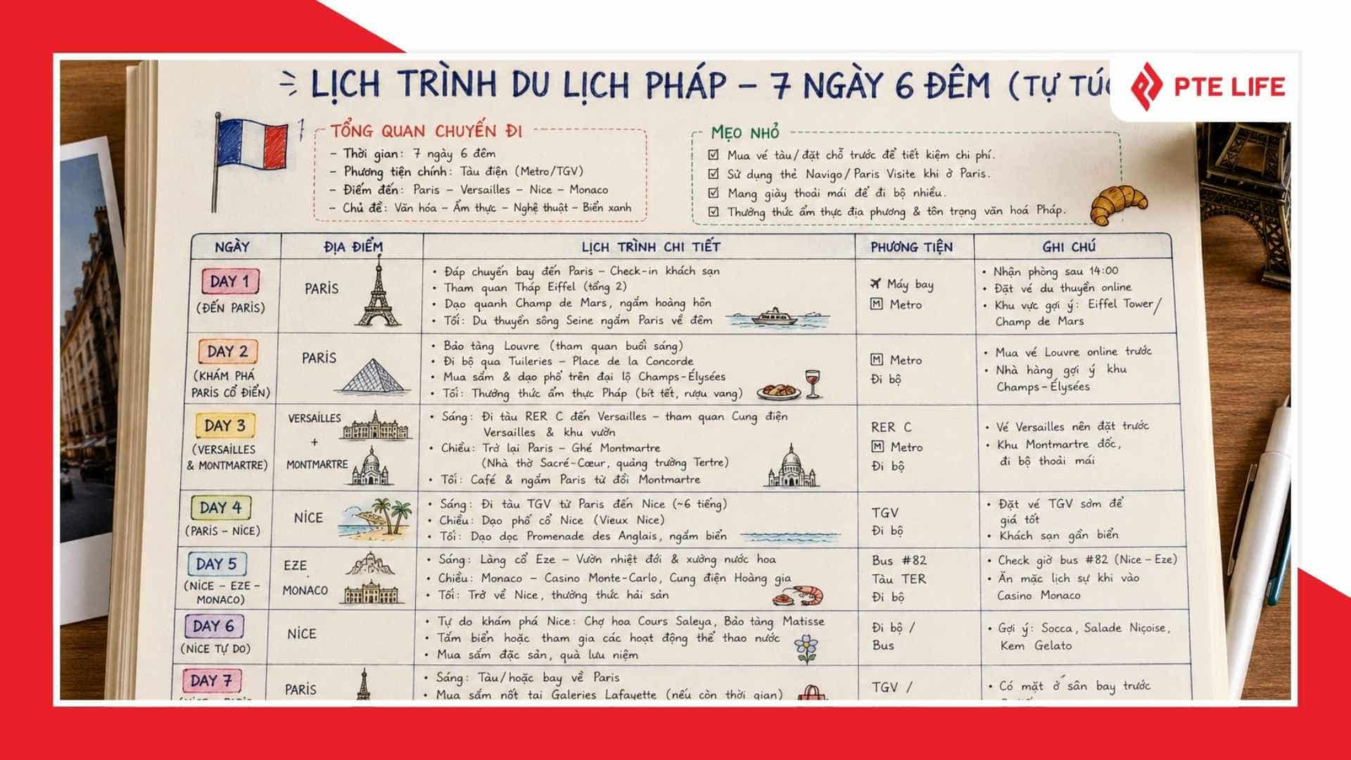 Lịch trình du lịch Pháp cần có đầy đủ thông tin địa điểm, nơi lưu trú, thời gian lưu trú