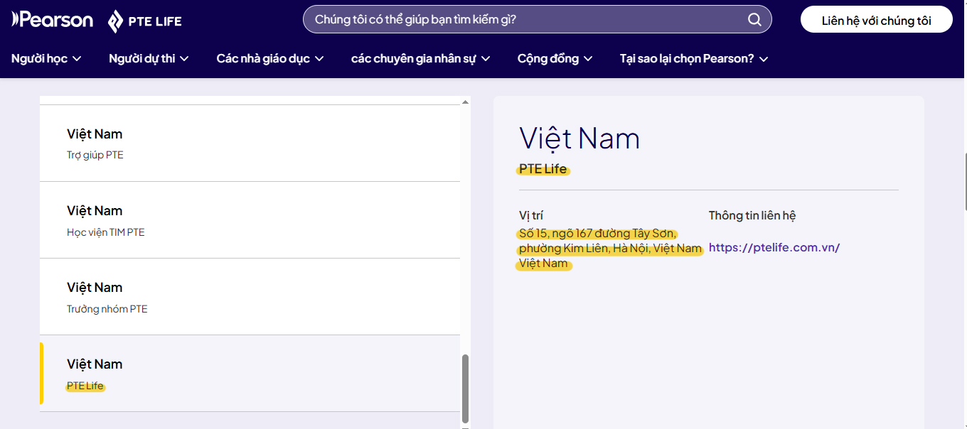 PTE Life xuất hiện trên website chính thức của Pearson