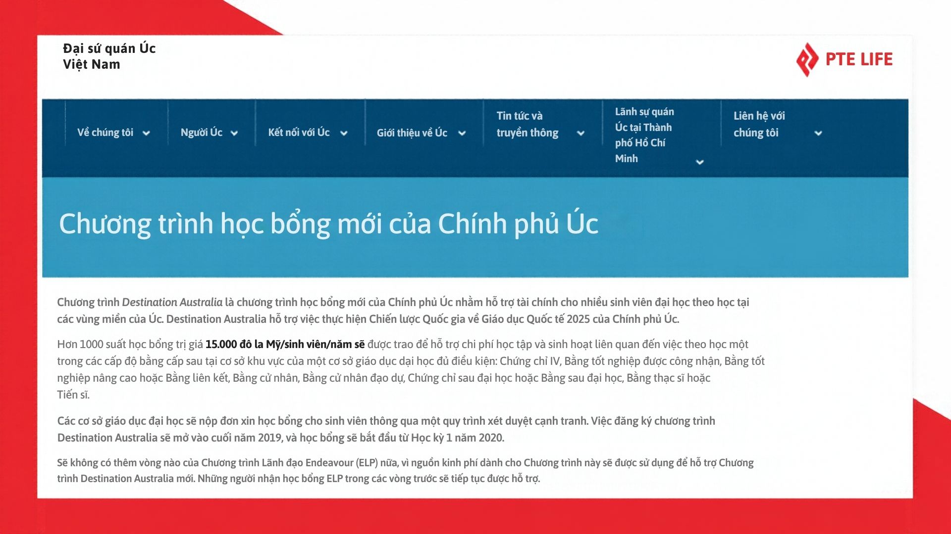 Chương trình học bổng Destination Australia Program (DAP) hỗ trợ lên đến 15.000 AUD/năm cho mỗi sinh viên